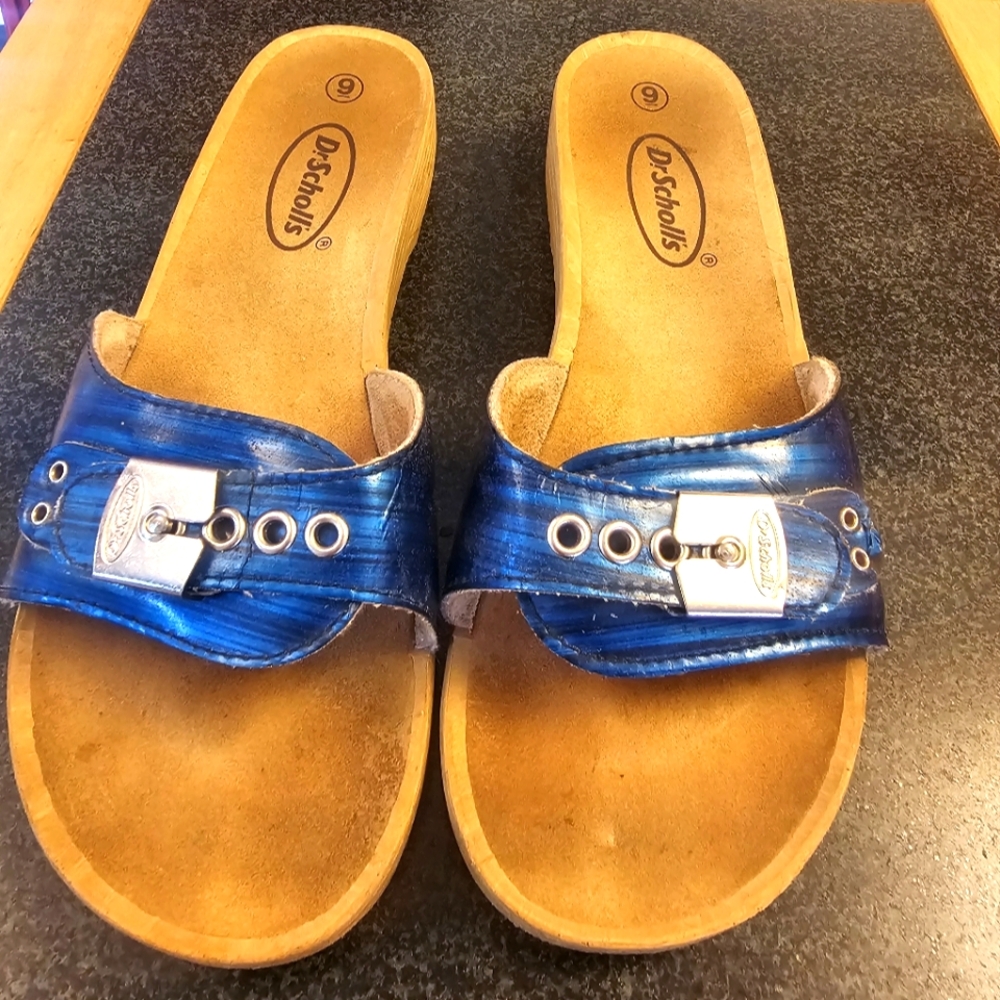 Vintage Y2K Dr. Scholl's Metallic Blue Slide Sandals